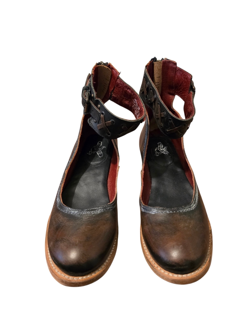 Freebird Moana Distressed Leather Ankle-Strap Flats in Brown - 10